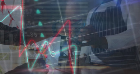 Image of data processing over hand paying with smartphone. Global business and digital interface...