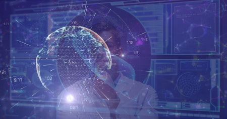Image of digital interface and globe over caucasian doctor. Global medicine, technology, data...