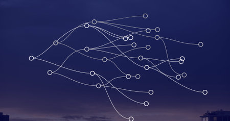 Floating network diagram with white nodes and curved connections against dusk sky over city skyline....