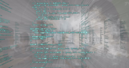 Digital image of statistical data processing against spot of light and light on grey background....