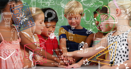 Image of falling school white icons over diverse group of pupils. School, education and study concept digitally generated image.の写真素材