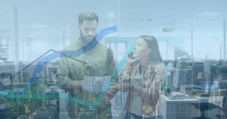 Image of financial data processing and cityscape over diverse business people. Global business,...