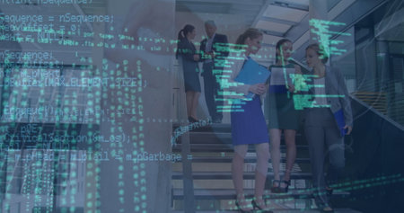 Image of data processing over diverse business people in office. Global business and digital interface concept digitally generated image.の写真素材