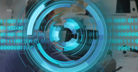 Image of data processing over caucasian businessman using laptop. Computer security day and...