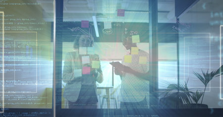 Image of data processing over diverse business people in office. Global business and digital...