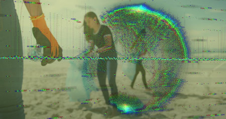 Image of data processing over diverse volunteers segregating waste. Recycle week, ecology and...