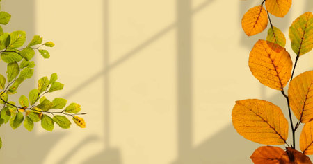 Image of leaves on branches over shadows on beige wall. Abstract concept digitally generated image.