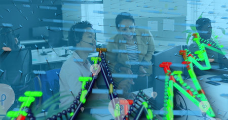 Image of graphs and bulbs over diverse female coworkers in office. Finance, economy, communication,...