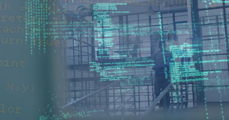 Image of data processing over diverse business people in office. Global business and digital interface concept digitally generated image.の写真素材