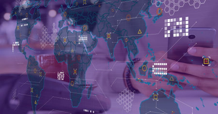 Image of data processing with world map over diverse people paying with smartphone. Global finances,...