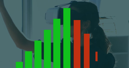 Image of financial graph over asian woman with vr headset. Business, finance, virtual reality and...
