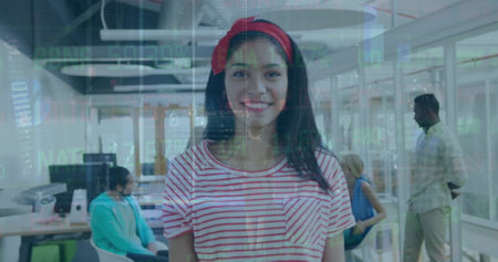 Image of data processing over diverse business people at meeting. Global business, technology and...