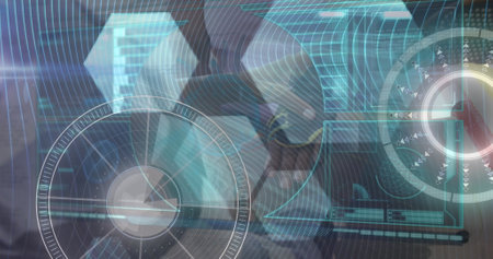 Image of data processing on digital screen and hand of woman putting on gloves. Network, data...