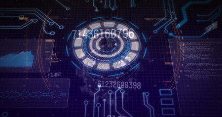 Image of numbers, data and processing circle on violet background. Data processing, digital screen and technology concept digitally generated image.の写真素材