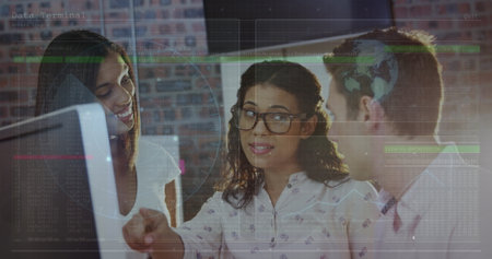 Image of data processing over diverse business people talking. Global business and digital interface...