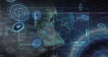 Projecting holographic panels showcasing 3D Earth globe with hex grid at control center. Futuristic,...