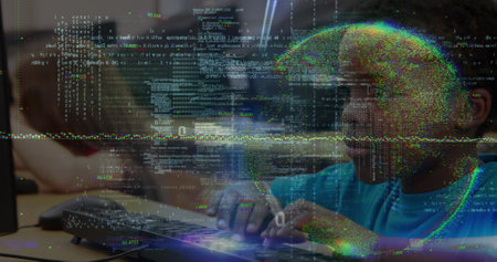 Data processing and globe against portrait of african american boy using computer at school. School...