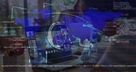 Remote worker interacting with laptop at home office, with world map overlay, plant and data points....
