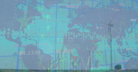 Image of data processing over wind turbines, world map and flag of china. Global ecology and digital...