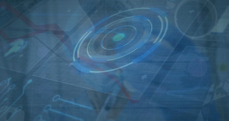 Showing HUD dashboard over boardroom, with red trend bar charts, profile icons and grid connections. Futuristic, technology, analytics, interface, digital, innovation, data visualizationの写真素材