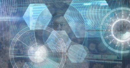 Image of data processing on digital screen over thoughtful caucasian businessman. Network, data...