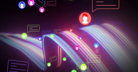 Image of media icons and light trails over black background. Social media and digital interface...