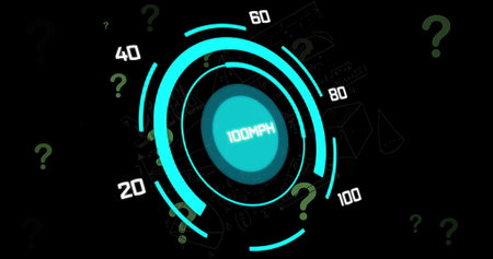 Image of question marks over scope scanning with data processing on black background. Global...