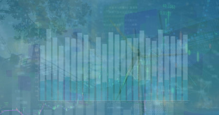 Showing transparent bar and line charts floating over park with skyscrapers and candlestick data....