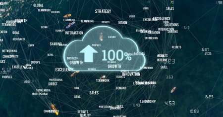 Image of cloud with growing number and network of connections with texts over sea with boats. Global connections, computing and digital interface concept digitally generated image.の写真素材