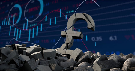 Image of pound symbol over data processing on black background. Global business and digital interface concept digitally generated image.の写真素材