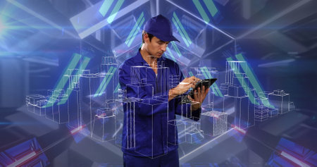 Image of data processing and white lines over man wearing vr headset. Digital data security...
