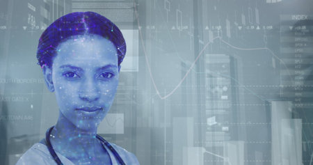 Image of data processing over female doctor. Global business and digital interface concept digitally generated image.の写真素材