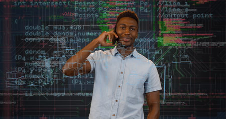 Image of digital city and data processing over african american man talking on smartphone. Global technology, computing and digital interface concept digitally generated image.の写真素材