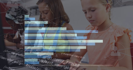 Image of graphs and data processing over caucasian girl using computer at school. School, education and learning with technology concept digitally generated image.の写真素材