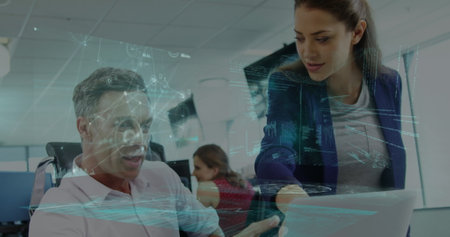 Image of digital screen with diverse data over diverse female and male coworkers in office....