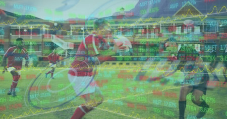 Image of data processing and scope scanning over diverse rugby players at stadium. Global sport, computing and digital interface concept digitally generated image.の写真素材