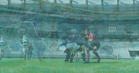 Image of data processing over diverse rugby players at stadium. Global sport, computing and digital interface concept digitally generated image.の写真素材