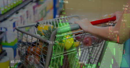 Image of financial data processing ove shopping cart. Global shopping, data processing and digital interface concept digitally generated image.の写真素材
