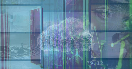 Image of digital clouds over screens with data and connections. Cloud computing, network, connections, data processing and technology concept digitally generated image.の写真素材