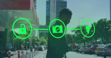 Image of media icons over african american businessman. Global business and digital interface concept digitally generated image.の写真素材