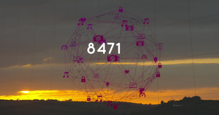 Image of growing number and globe of connections with icons over landscape. Global connections, computing and digital interface concept digitally generated image.の写真素材