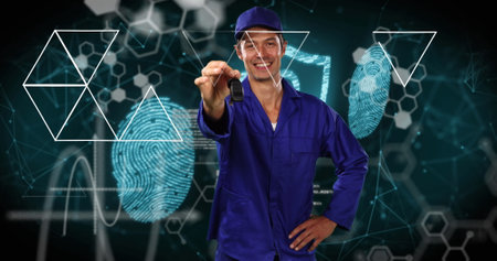 Image of shapes and data processing over caucasian man holding keys. Global technology, computing...