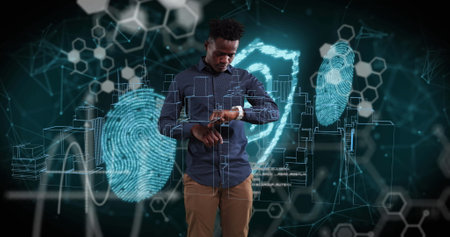 Image of digital city and data processing over african american man using smartwatch. Global technology, computing and digital interface concept digitally generated image.の写真素材
