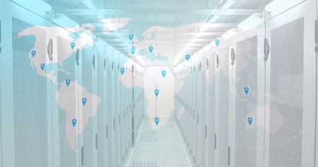 Image of world map and location marks over servers. Global network, connections, communication and technology concept digitally generated image.の写真素材