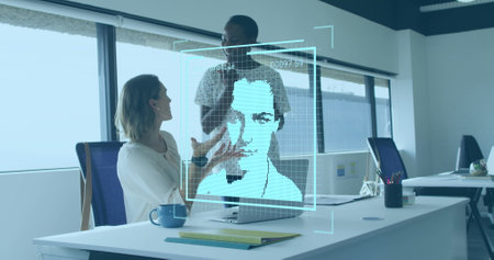 Image of user photo over diverse female coworkers working in office. Social media, business, finance, economy and technology concept digitally generated image.の写真素材