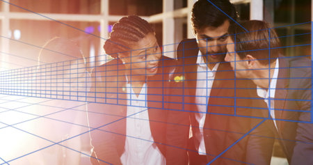 Image of blue lines over diverse business people at office. Global business, computing and digital interface concept digitally generated image.の写真素材