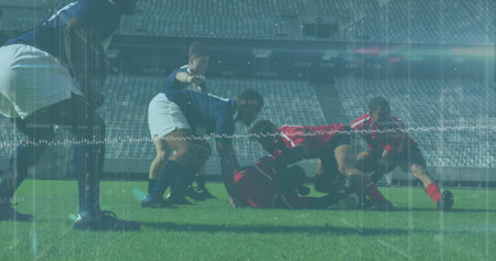 Image of data processing and rugby players over sports stadium. Global sports competition and data processing concept digitally generated image.の写真素材