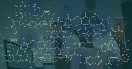 Image of chemical formulas over african american man in vr headset. Science, business and technology concept digitally generated image.の写真素材