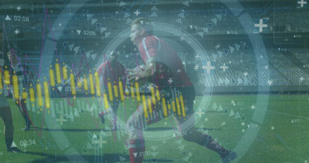 Image of data processing and scope scanning over diverse rugby players at stadium. Global sport, computing and digital interface concept digitally generated image.の写真素材
