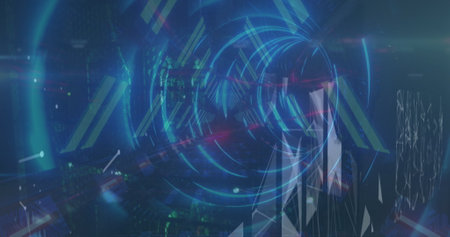 Image of tunnel made of lights, shapes and lights. Network, connections, data processing and...